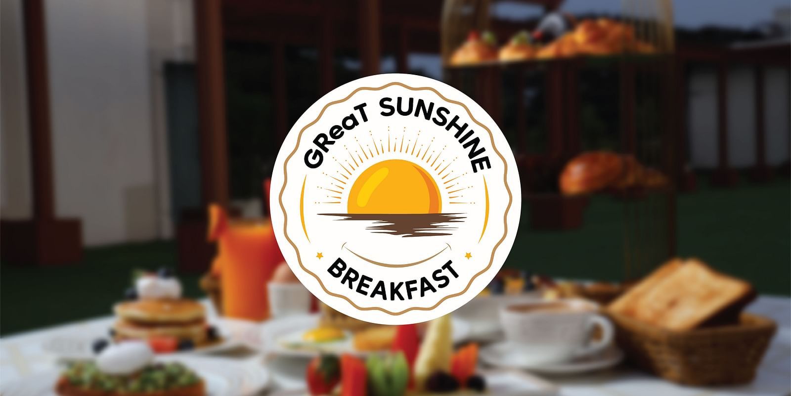 Logo of GReaT Sunshine Breakfast with a background of food placed on a table